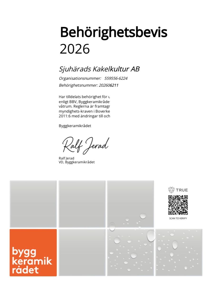 Behörighetsbevis 2026 från Byggkeramikrådet för Sjuhärads Kakelkultur AB